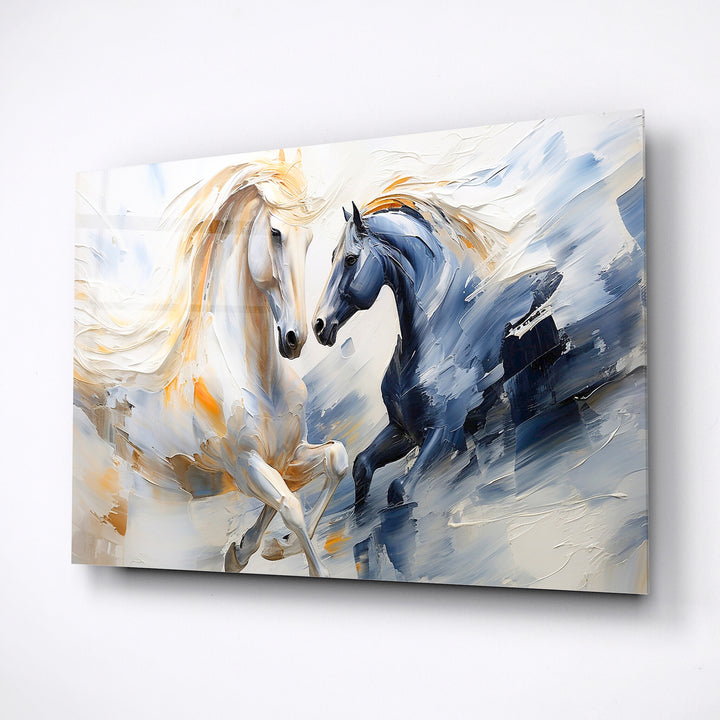 White and black horses, glass wall art