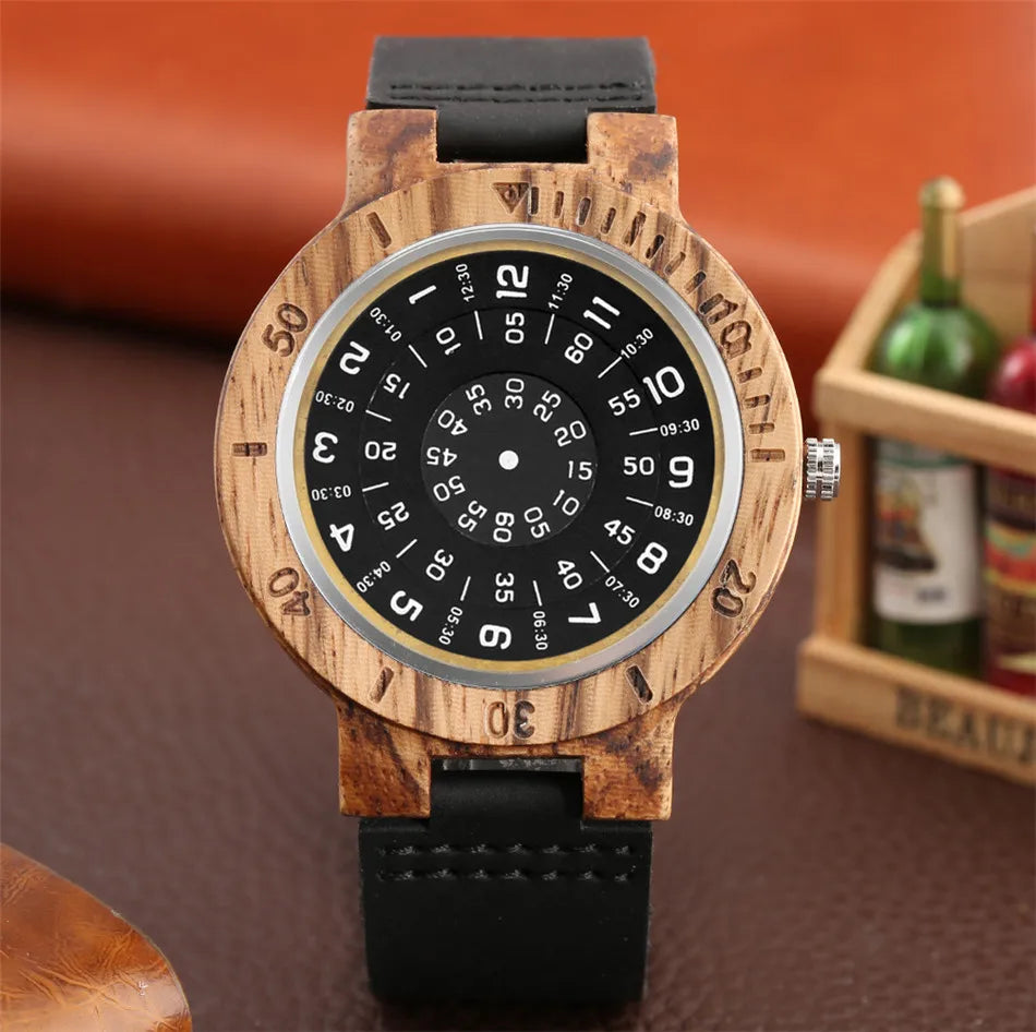 Creative Wood Watches for Men, Quartz Wrist Watch, Black Genuine Leather Watch band, Wooden Timepiece