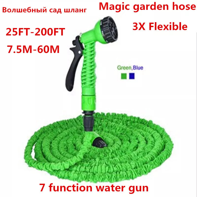 Flexible Expandable Garden Hose Reels Blue And Green 25FT-200FT + 7 Function Spray Gun