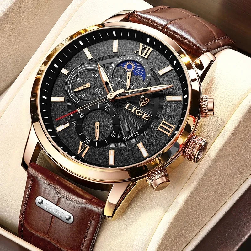 LIGE Leather Casual Quartz Watch