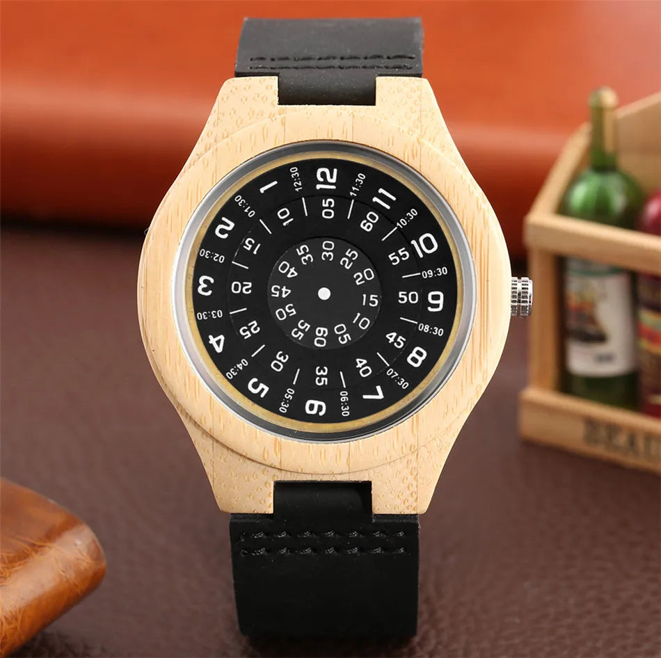 Creative Wood Watches for Men, Quartz Wrist Watch, Black Genuine Leather Watch band, Wooden Timepiece