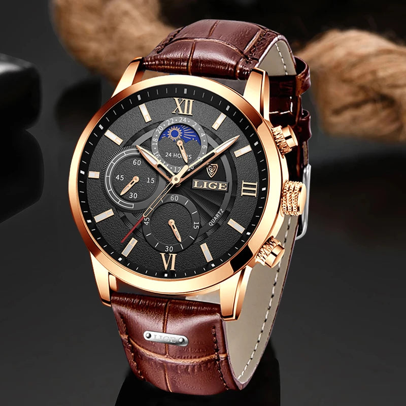 LIGE Leather Casual Quartz Watch