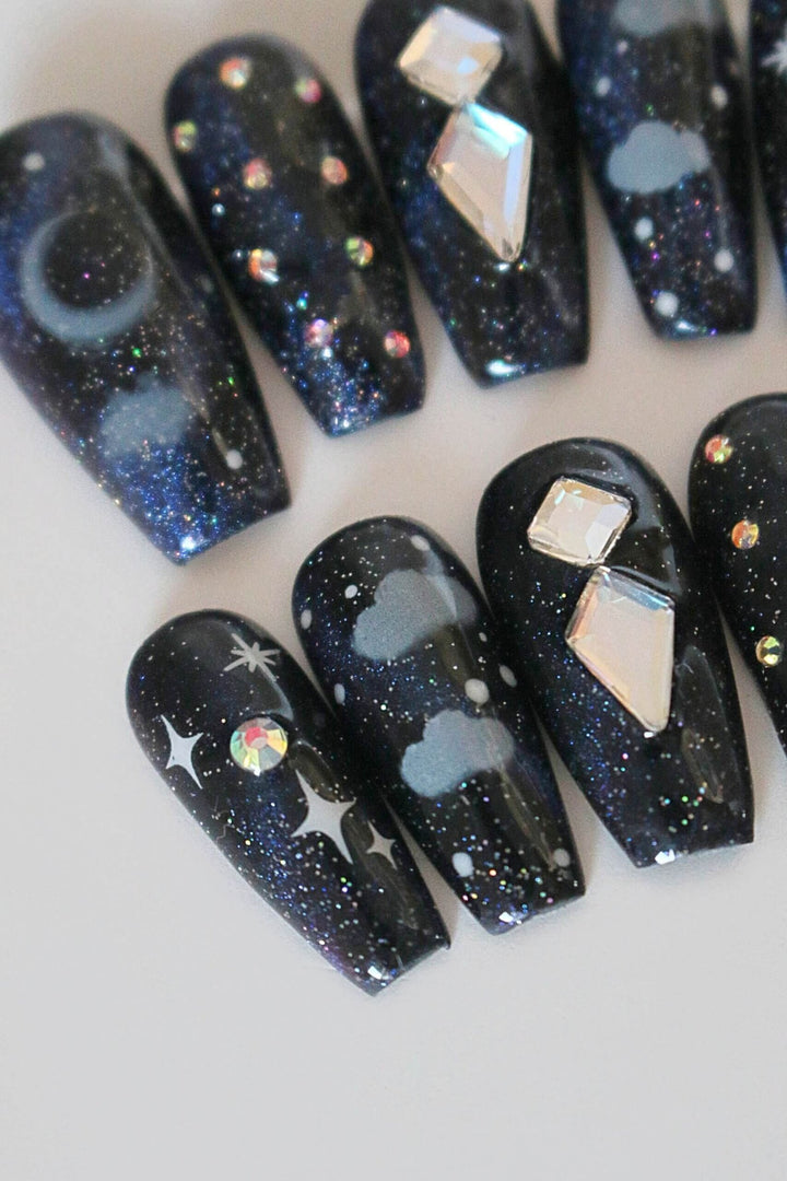 Galaxy Reflecting Swarovski Crystals Press On Nails Set-1