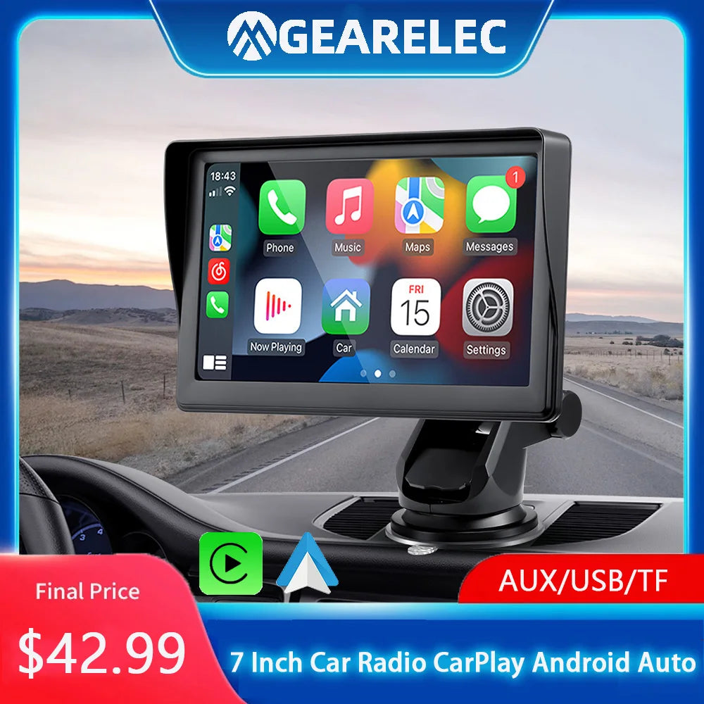 GEARELEC 7 Inch Car Radio Portable Wireless Apple CarPlay Android Auto