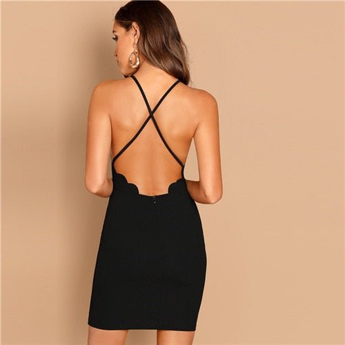 Black Scallop Trim Halter Dress Elegant Spaghetti Strap Solid Slim Short Dress Summer Modern Lady Women Sexy Party Dresses-2