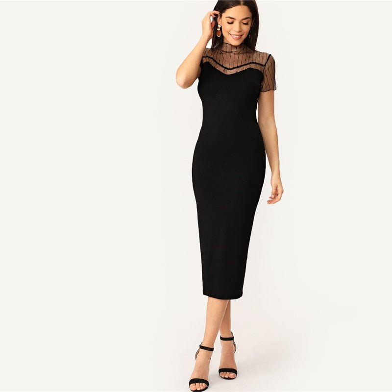 Black Striped Mesh Yoke Pencil Straight Plain Dress Women Casual Summer Morden Lady Stand Collar Bodycon Dresses-5