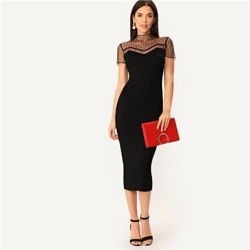 Black Striped Mesh Yoke Pencil Straight Plain Dress Women Casual Summer Morden Lady Stand Collar Bodycon Dresses-3