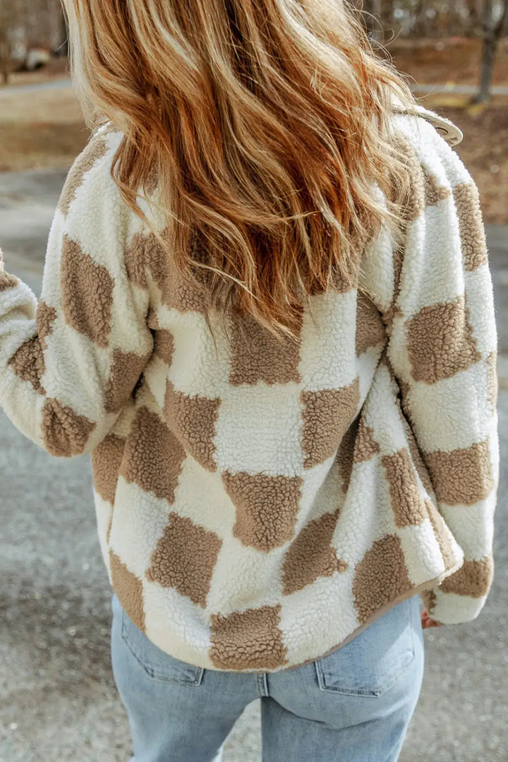 Brown Checked Snap Button Sherpa Jacket-1