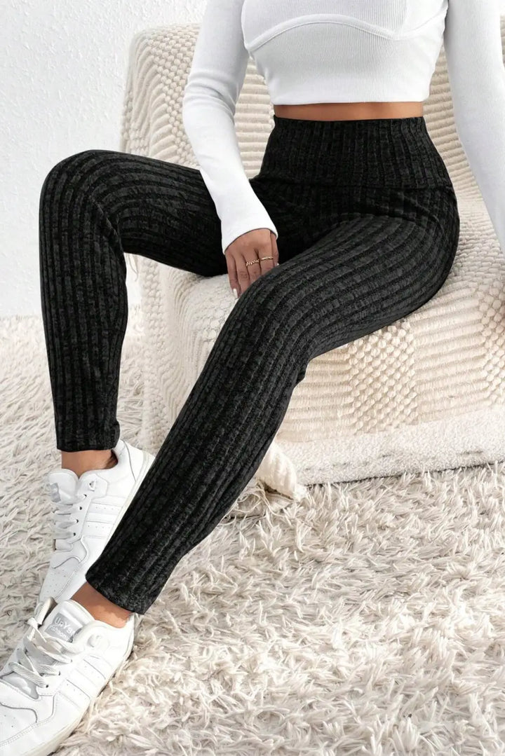 Wide Waistband Ribbed Textured Knit Leggings-3