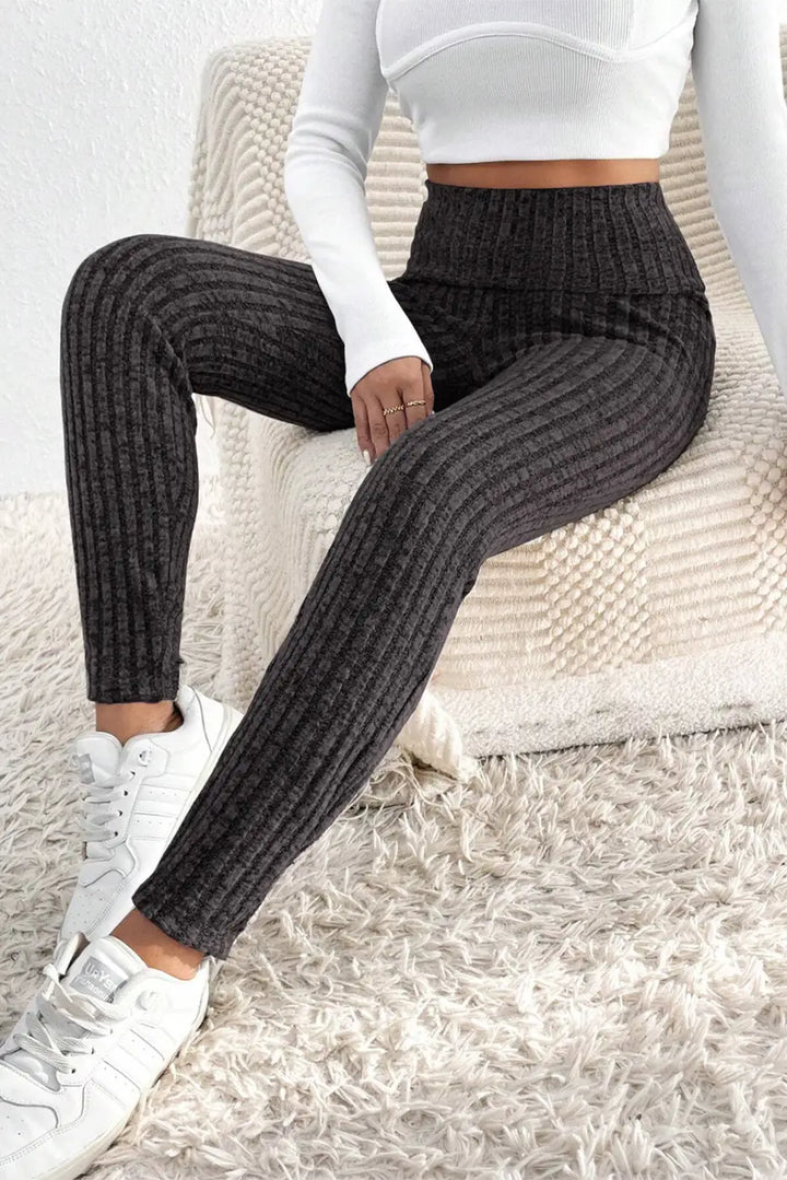 Wide Waistband Ribbed Textured Knit Leggings-0