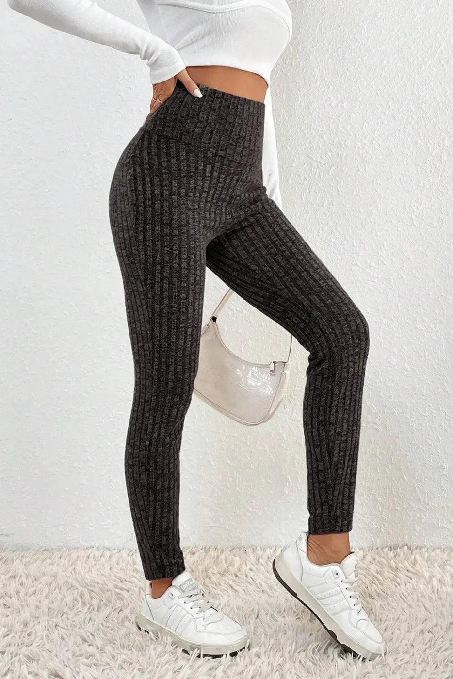 Wide Waistband Ribbed Textured Knit Leggings-2