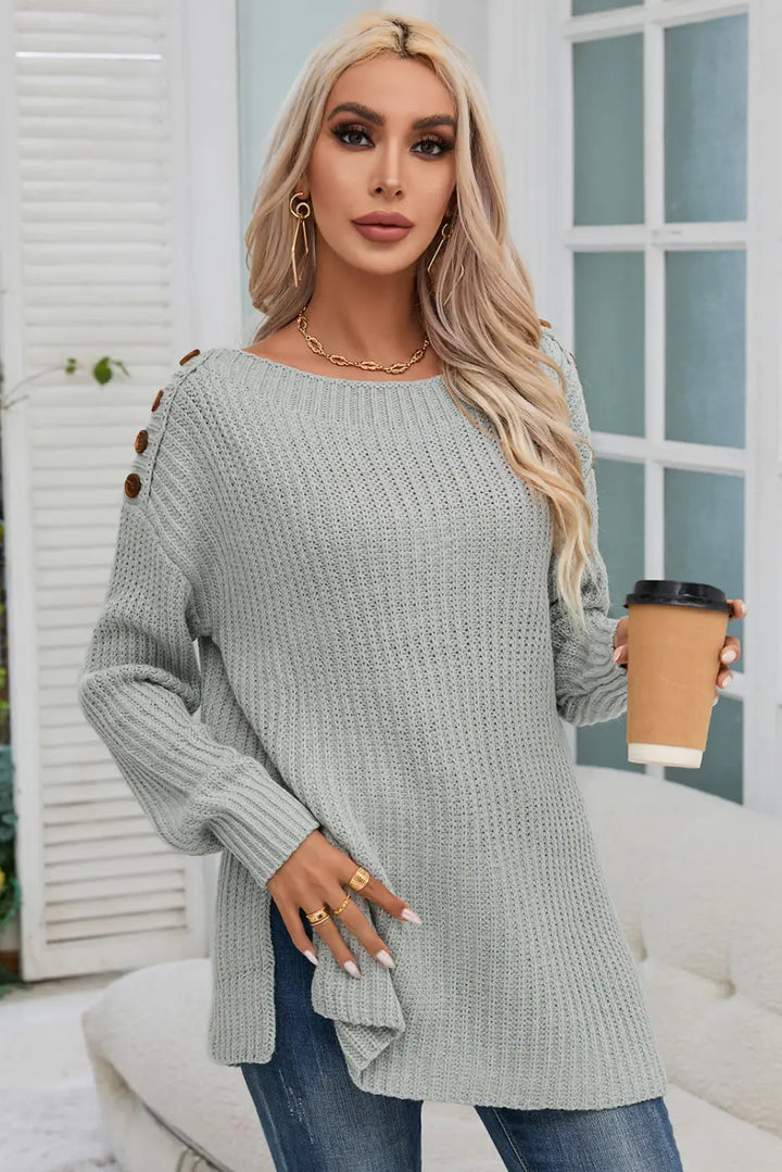 Gray Buttoned Drop Shoulder Oversized Sweater-3