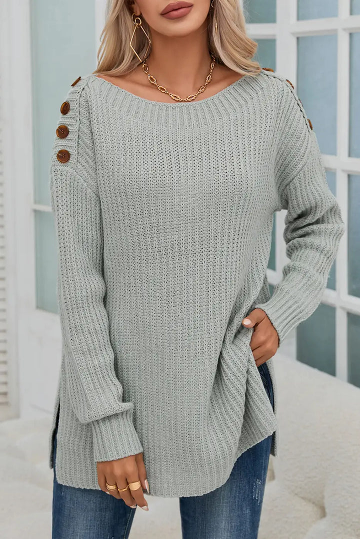 Gray Buttoned Drop Shoulder Oversized Sweater-0