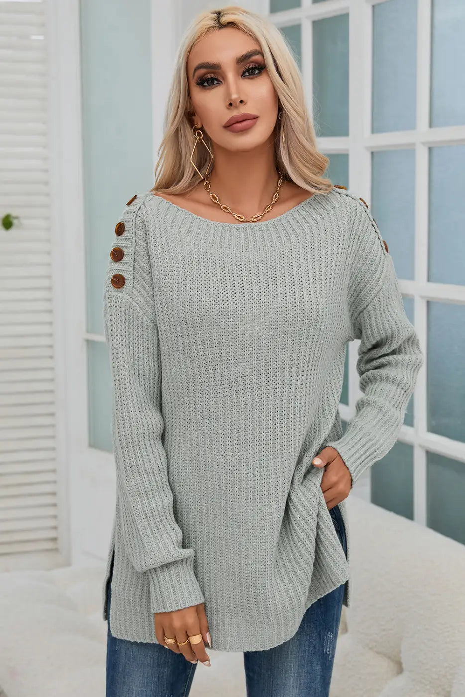 Gray Buttoned Drop Shoulder Oversized Sweater-4