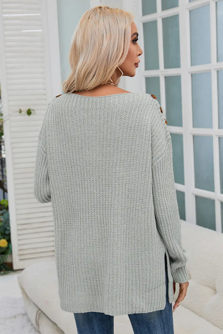 Gray Buttoned Drop Shoulder Oversized Sweater-2