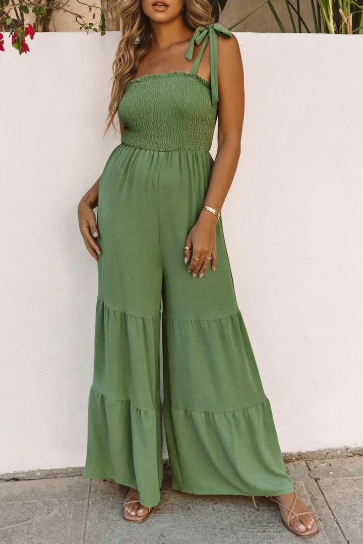 Green Tie Straps Shirred Bodice Tiered Wide Leg Jumpsuit-3