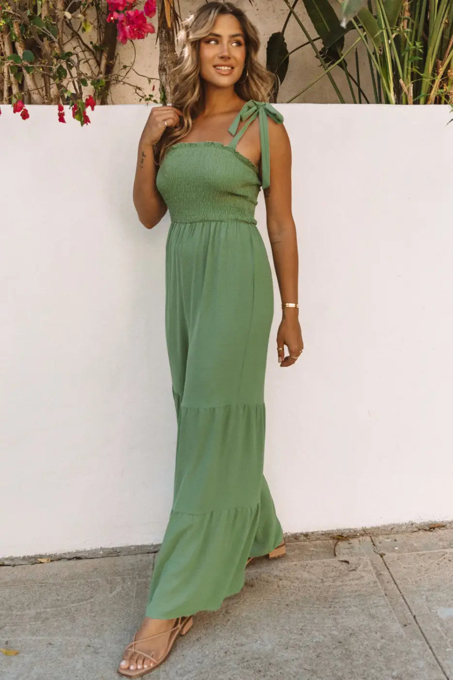 Green Tie Straps Shirred Bodice Tiered Wide Leg Jumpsuit-2