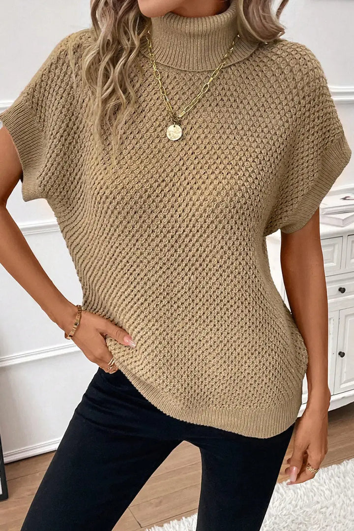 Pale Khaki Turtleneck Textured Short Sleeve Sweater-3