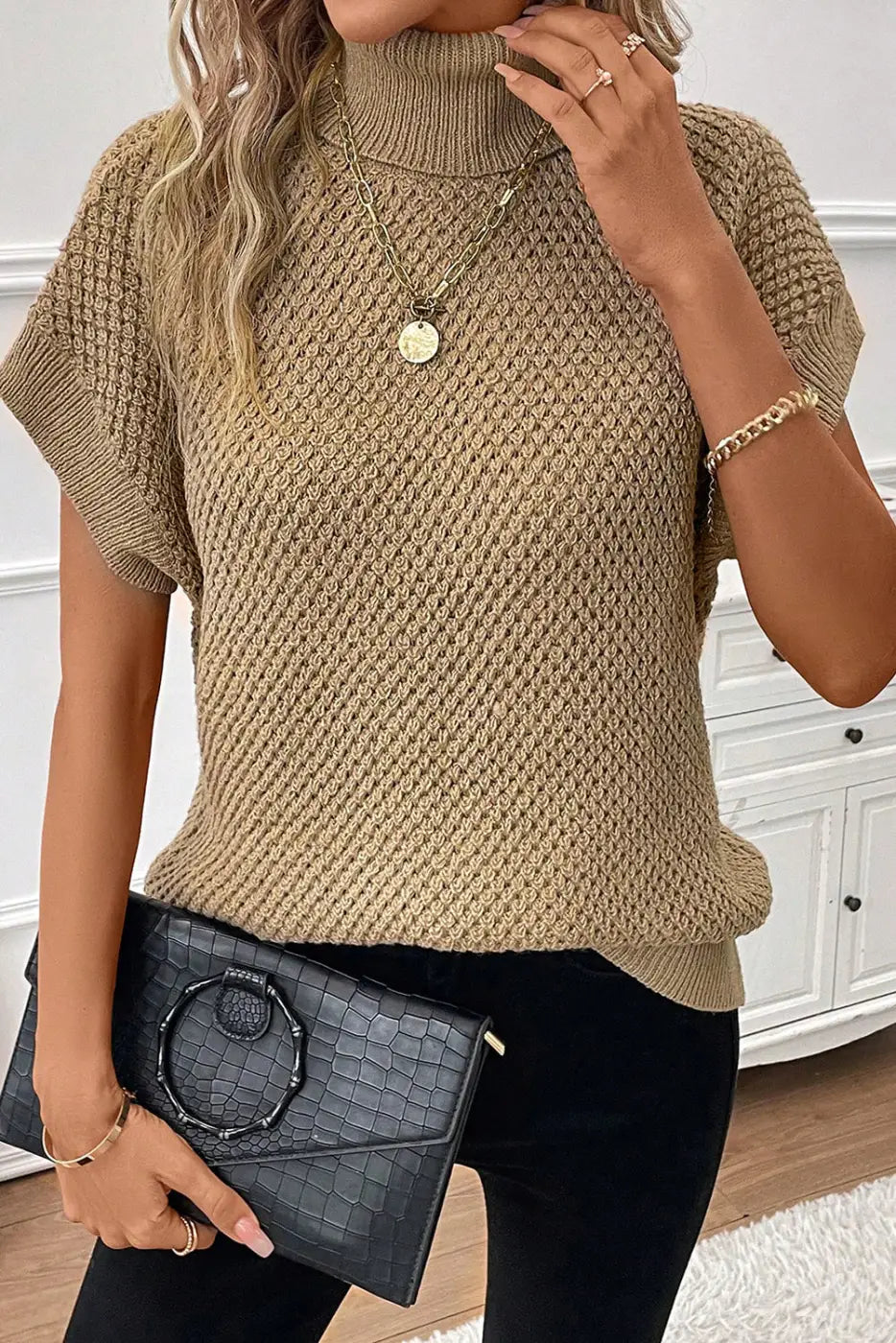 Pale Khaki Turtleneck Textured Short Sleeve Sweater-0