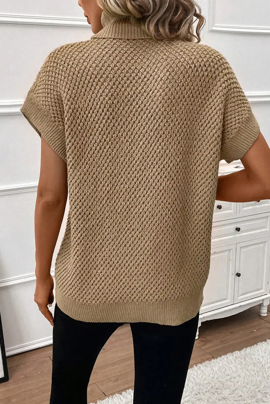 Pale Khaki Turtleneck Textured Short Sleeve Sweater-1