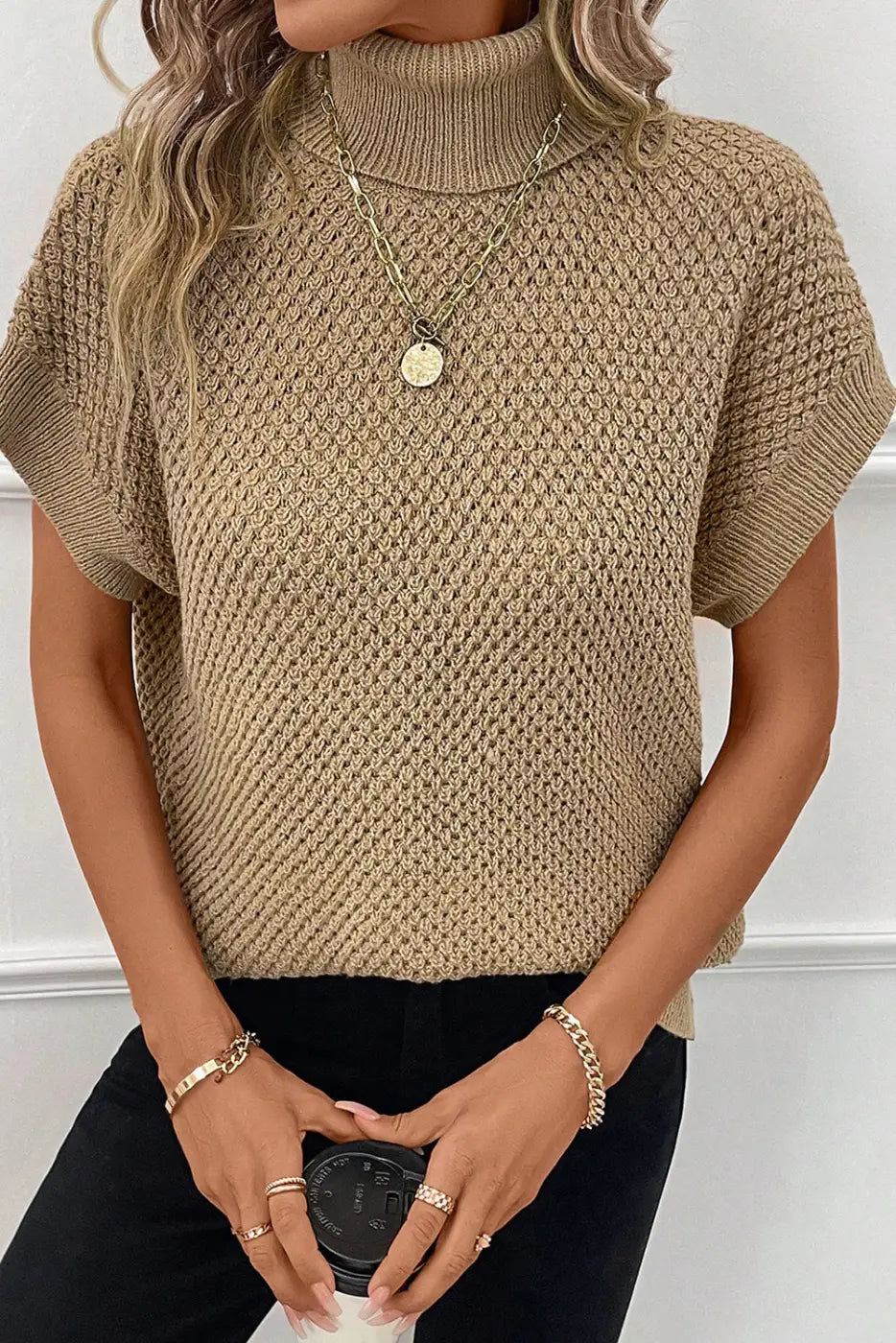 Pale Khaki Turtleneck Textured Short Sleeve Sweater-2