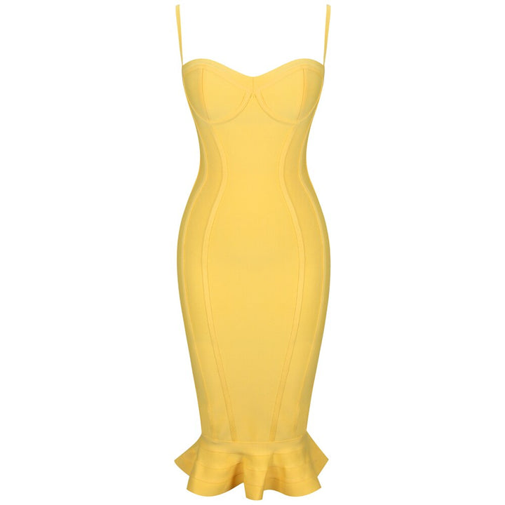 Women Lemon Yellow Fluted Bustier Mermaid Bandage Dress  Sexy Club Party Dresss-14