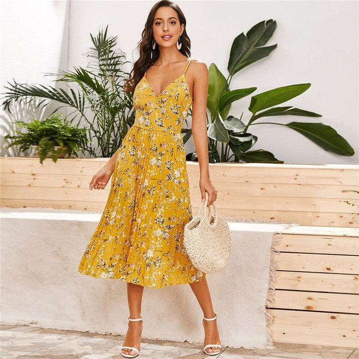 Yellow Surplice Neck Pleated Floral Cami Dress Women Summer Sleeveless High Waist Boho Wrap Long Dresses-10