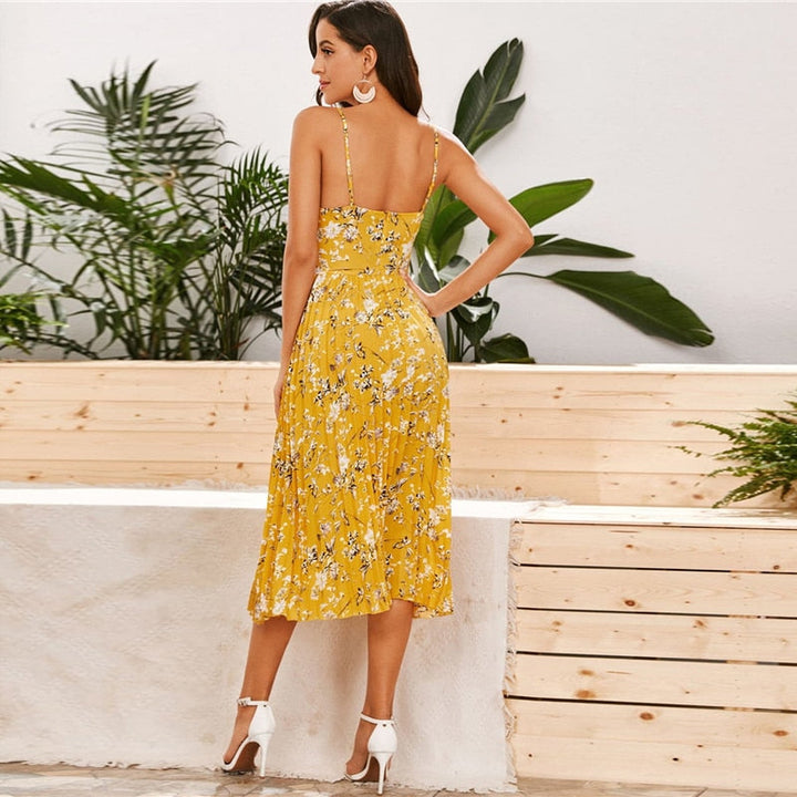 Yellow Surplice Neck Pleated Floral Cami Dress Women Summer Sleeveless High Waist Boho Wrap Long Dresses-3