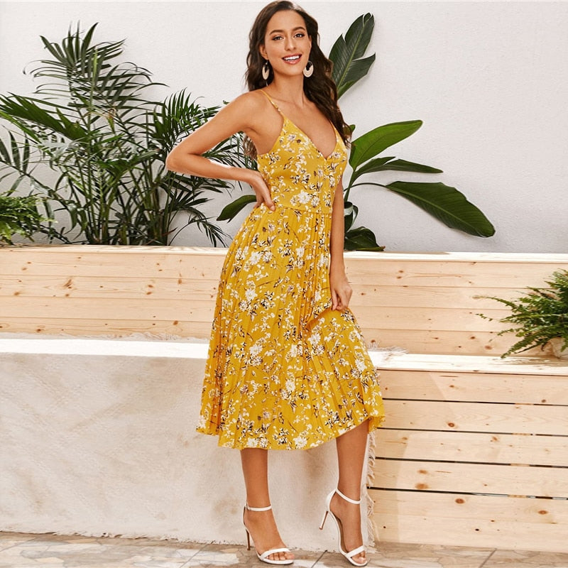 Yellow Surplice Neck Pleated Floral Cami Dress Women Summer Sleeveless High Waist Boho Wrap Long Dresses-2