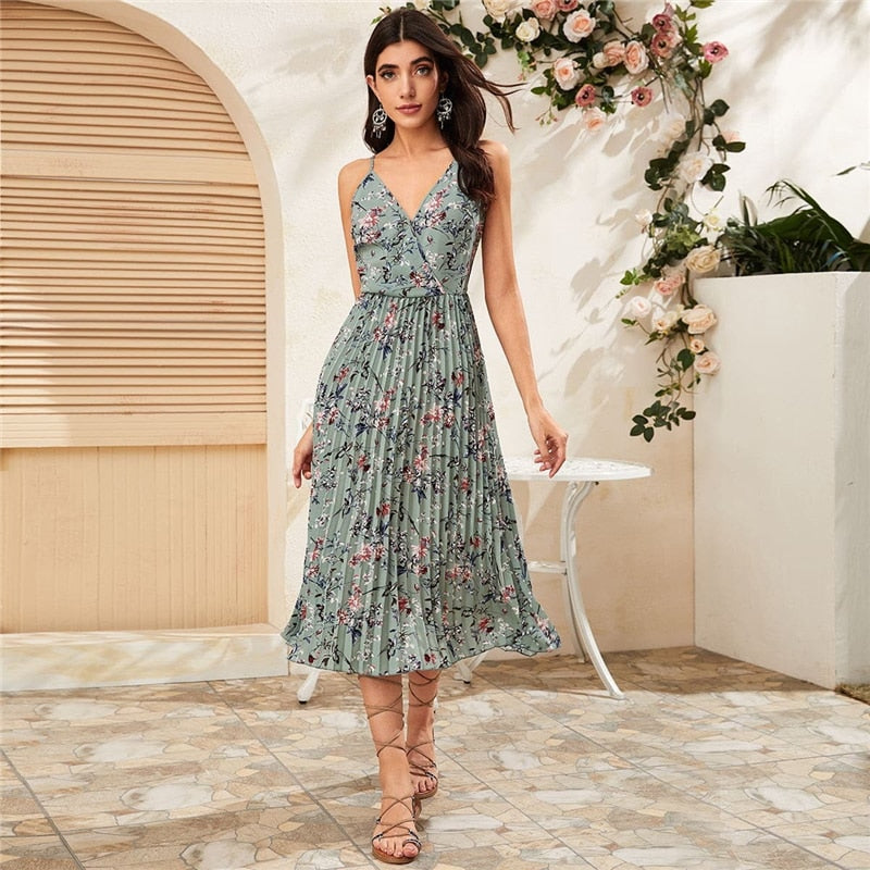 Yellow Surplice Neck Pleated Floral Cami Dress Women Summer Sleeveless High Waist Boho Wrap Long Dresses-9