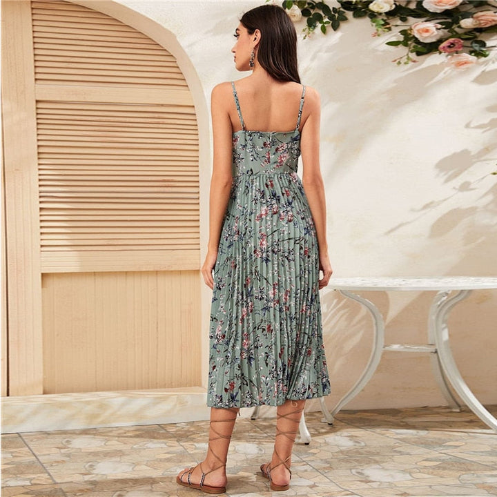 Yellow Surplice Neck Pleated Floral Cami Dress Women Summer Sleeveless High Waist Boho Wrap Long Dresses-17