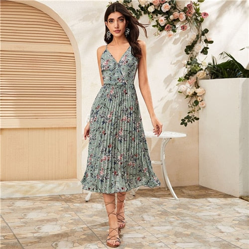 Yellow Surplice Neck Pleated Floral Cami Dress Women Summer Sleeveless High Waist Boho Wrap Long Dresses-1