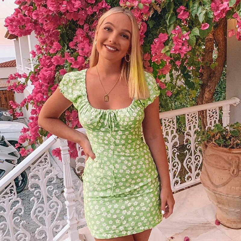 Floral Casual Dress Women Green Slim Elegant Club Mini Floral Dress Ruched Bow Off Shoulder Summer Dresses Casual Retro-4