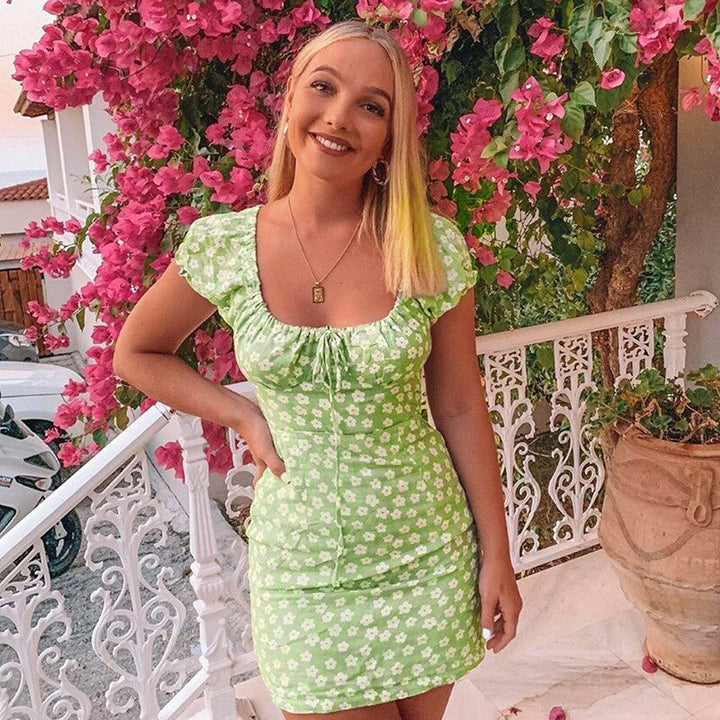 Floral Casual Dress Women Green Slim Elegant Club Mini Floral Dress Ruched Bow Off Shoulder Summer Dresses Casual Retro-4