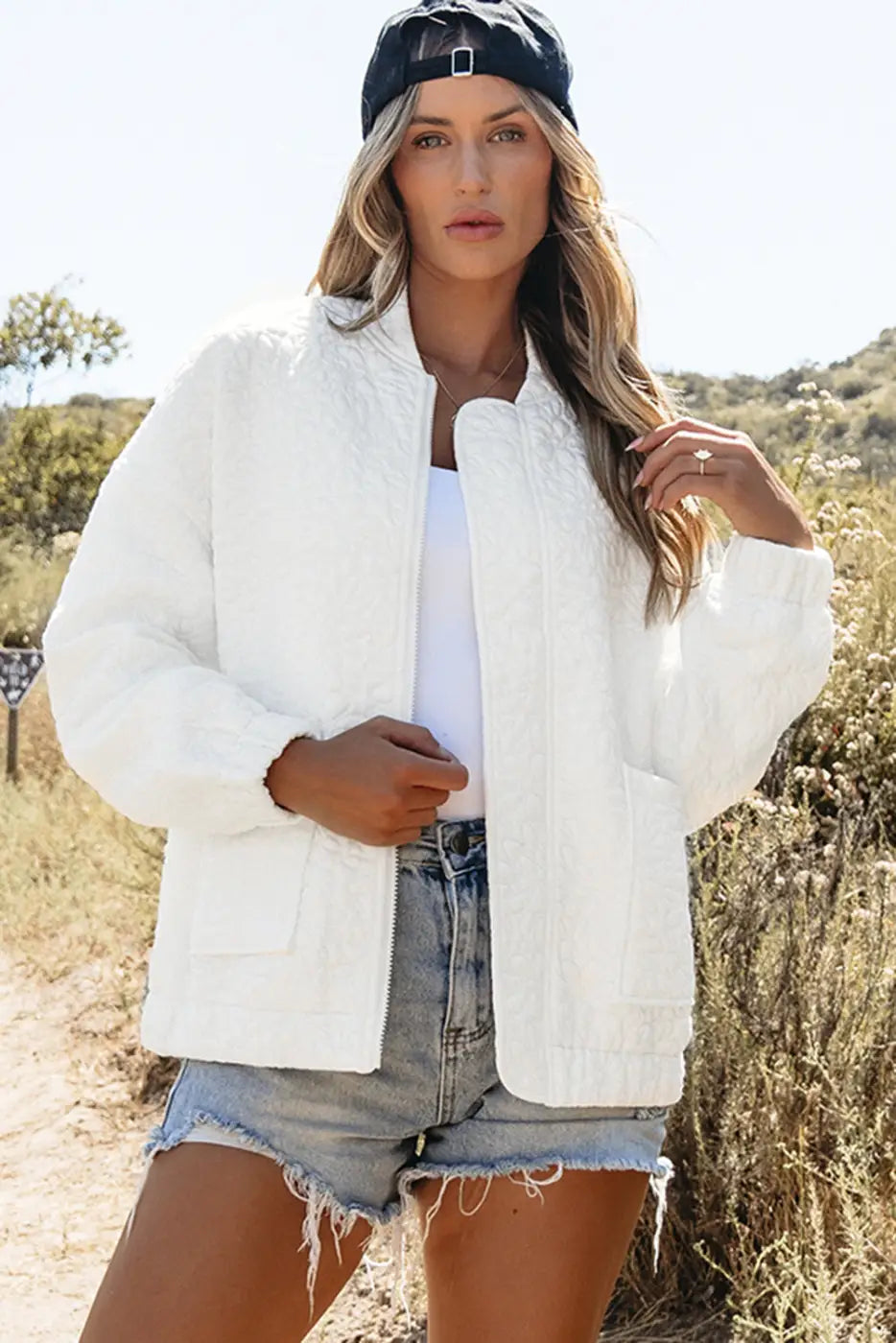 White Floral Quilted Jacket-0