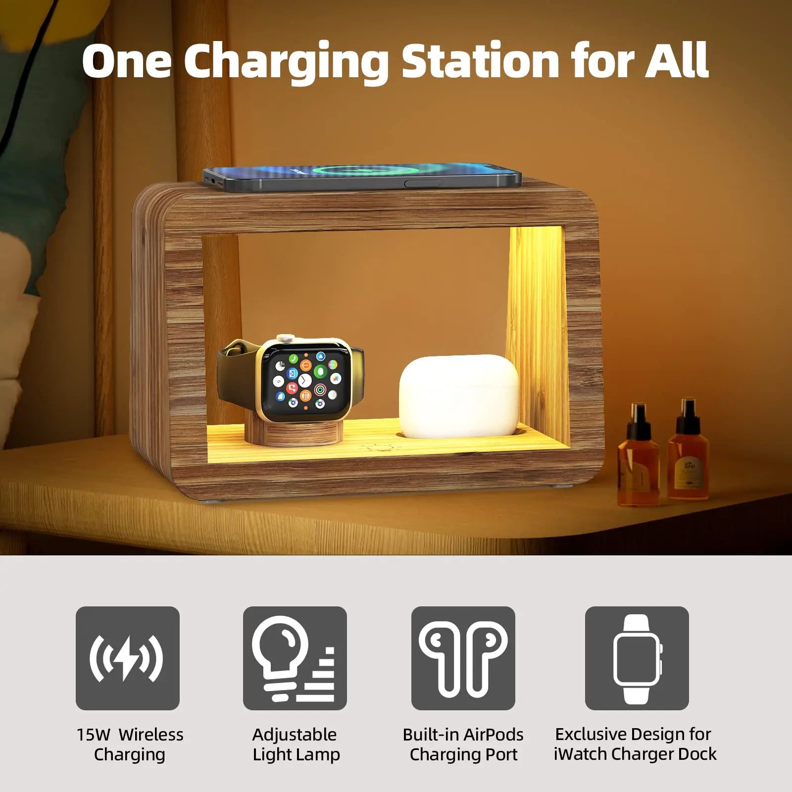 4 In 1 Bamboo Wood Desk Organizer Wireless Charging Dock Station Mobile Phone Holder-2