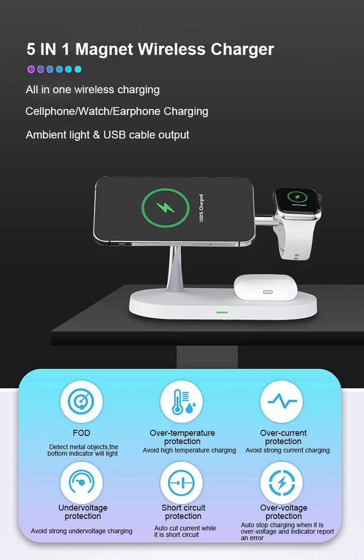 New Design 5in1 15W Fast charging Station QI magnet Wireless Charger Stand for Phone 12 for watch earphone with LED light-2