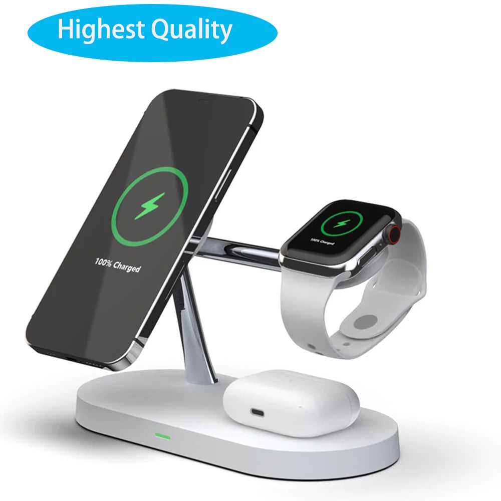 New Design 5in1 15W Fast charging Station QI magnet Wireless Charger Stand for Phone 12 for watch earphone with LED light-0