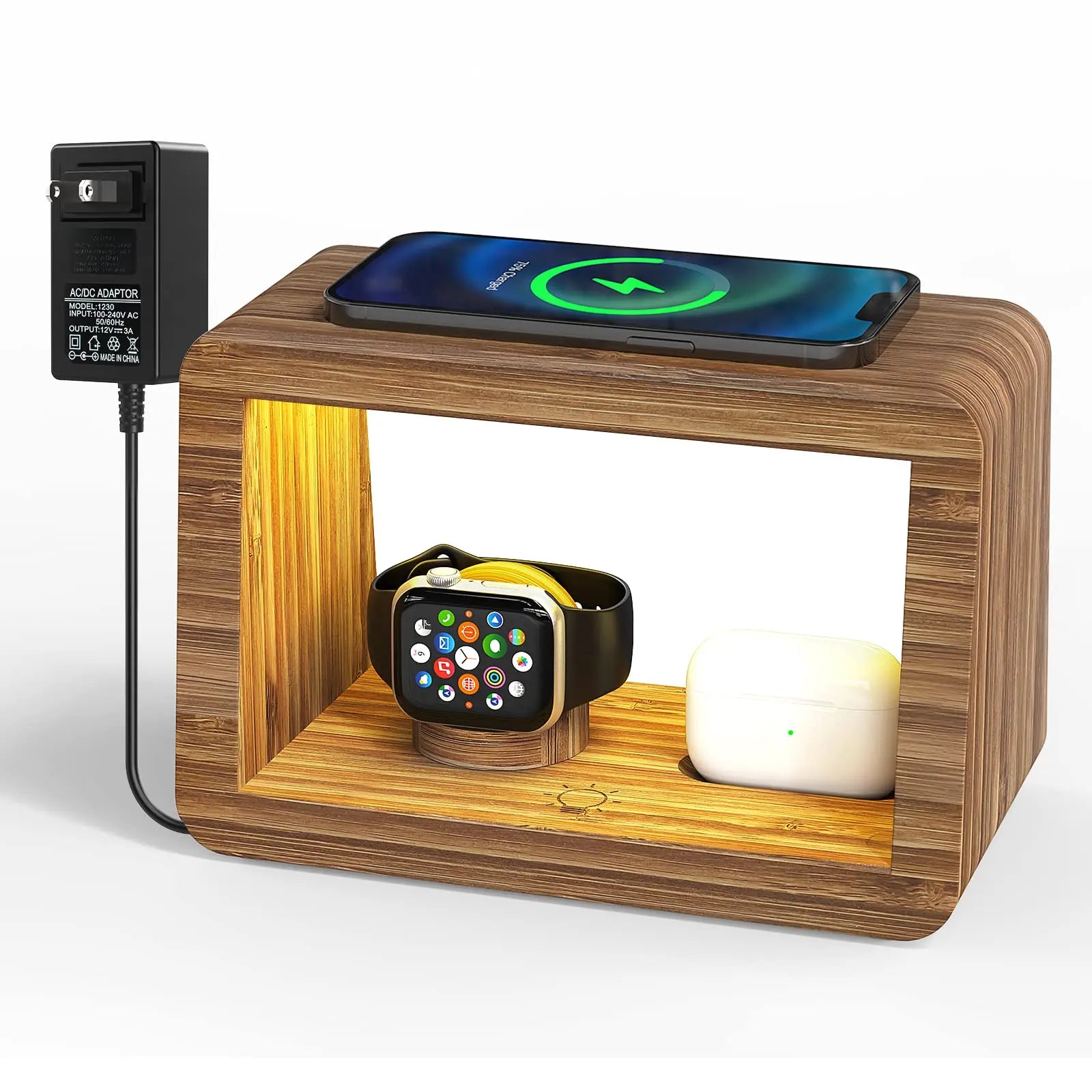 4 In 1 Bamboo Wood Desk Organizer Wireless Charging Dock Station Mobile Phone Holder-0