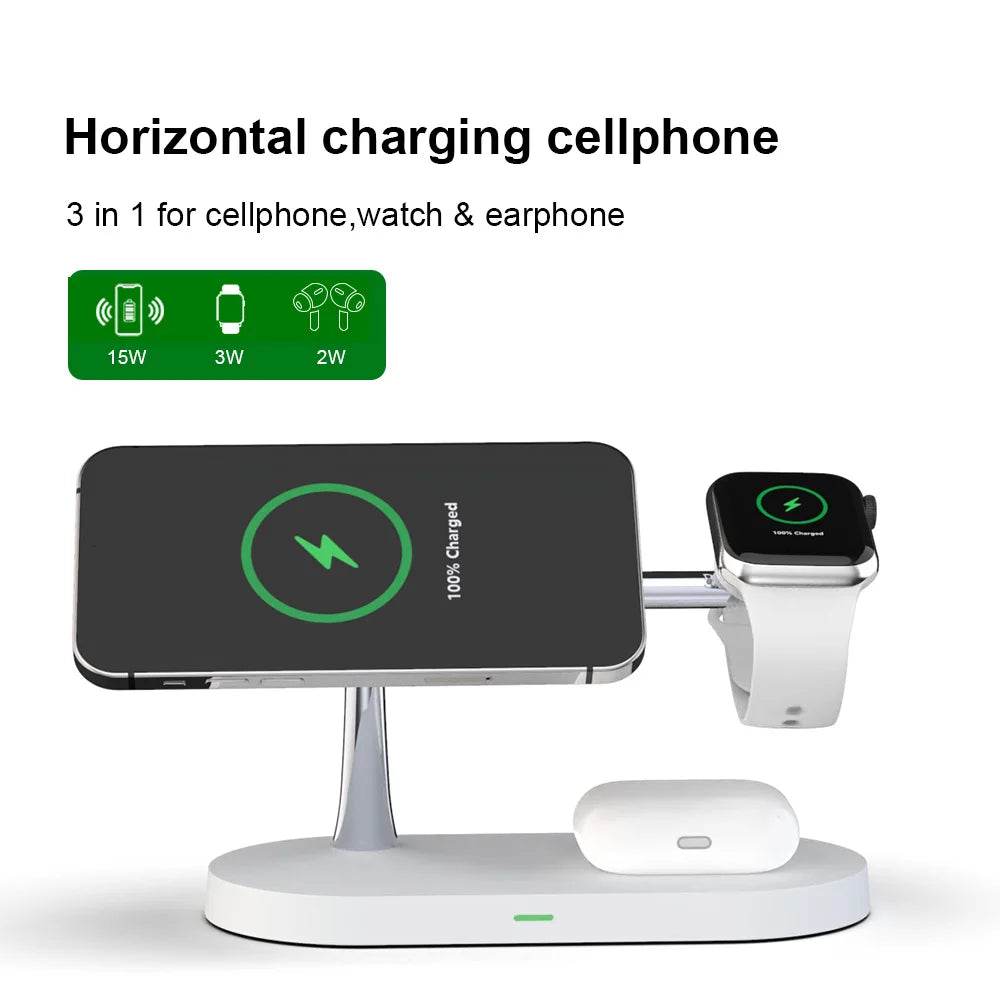 New Design 5in1 15W Fast charging Station QI magnet Wireless Charger Stand for Phone 12 for watch earphone with LED light-1