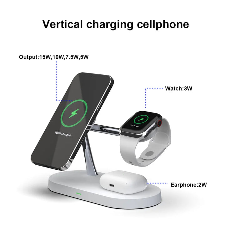 New Design 5in1 15W Fast charging Station QI magnet Wireless Charger Stand for Phone 12 for watch earphone with LED light-4